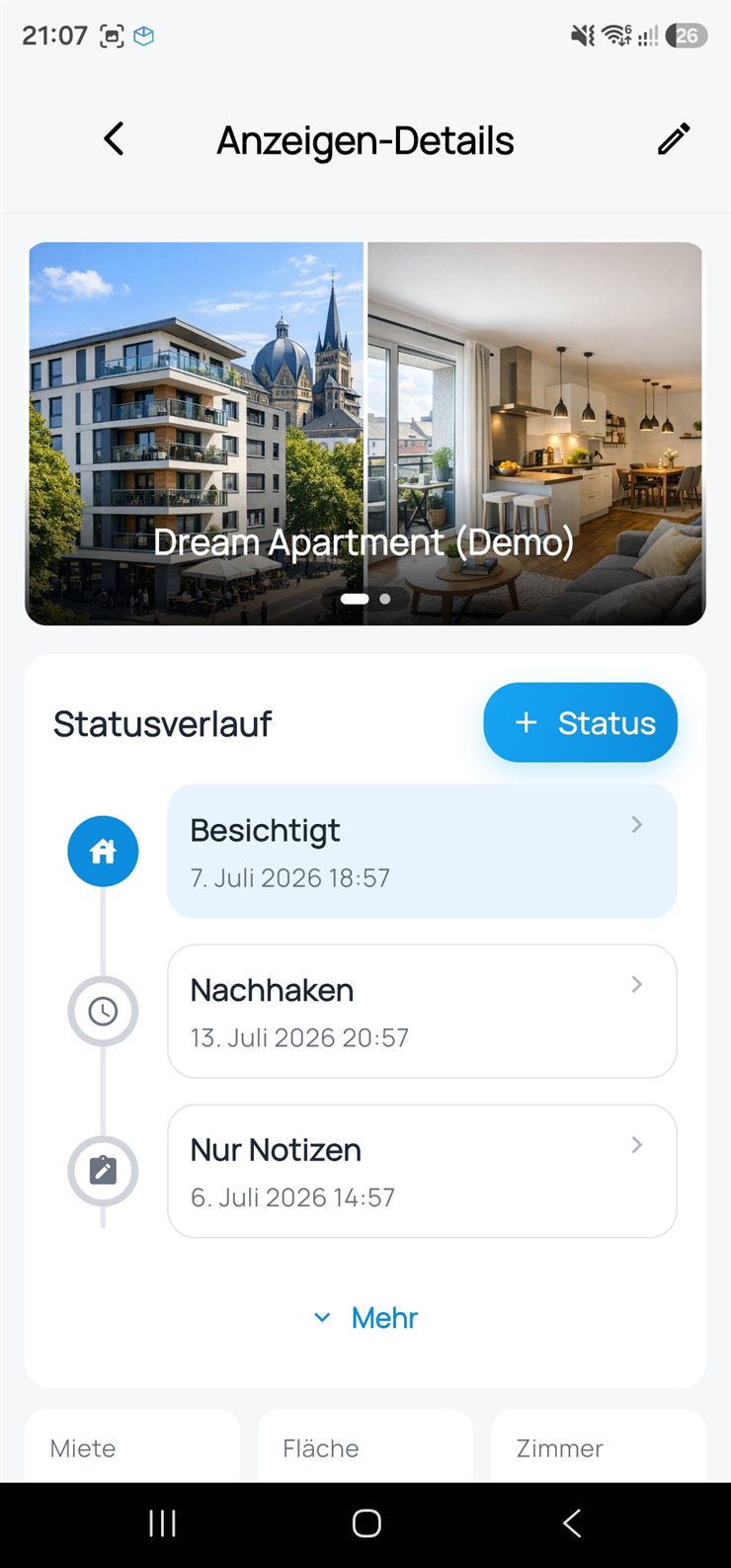 Flatlyst App: Statusverlauf einer Wohnung von der Besichtigung bis zur Zusage. Die abgebildeten Wohnungsfotos wurden mit KI erstellt.